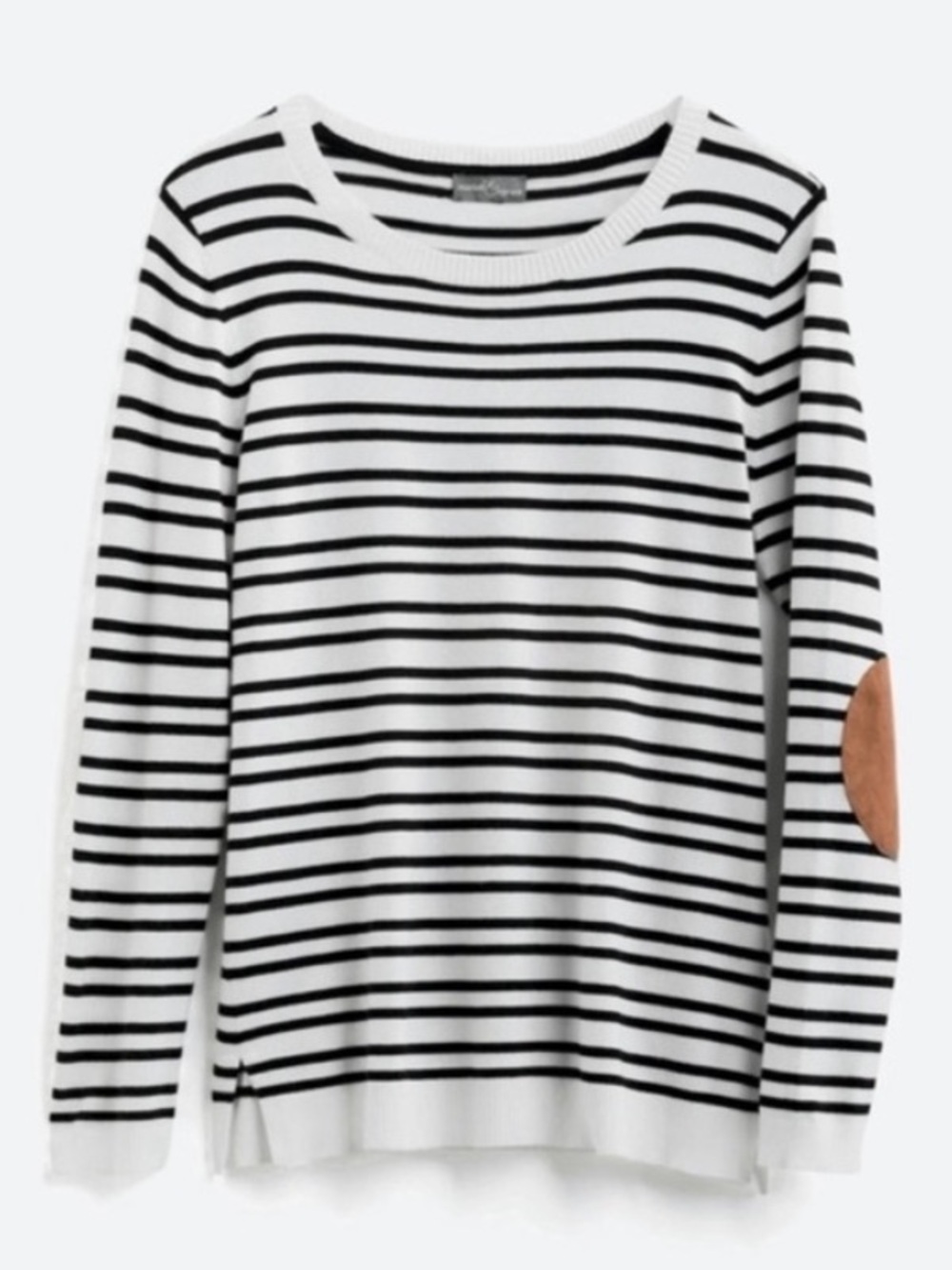 Market & Spruce Striped Crewneck Sweater with Tan Elbow Patch - White/Black